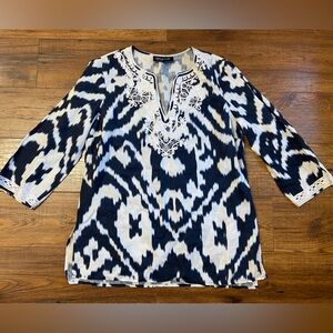 Jones New York Signature Women’s Sz M Linen Top Tunic Style Navy & White